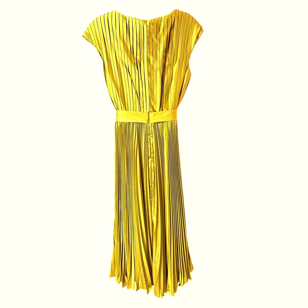 Mac Duggal Pleated‎ Satin V Neck Cap Sleeve Belted Midi Dress Citron Size 6 - Picture 4 of 14